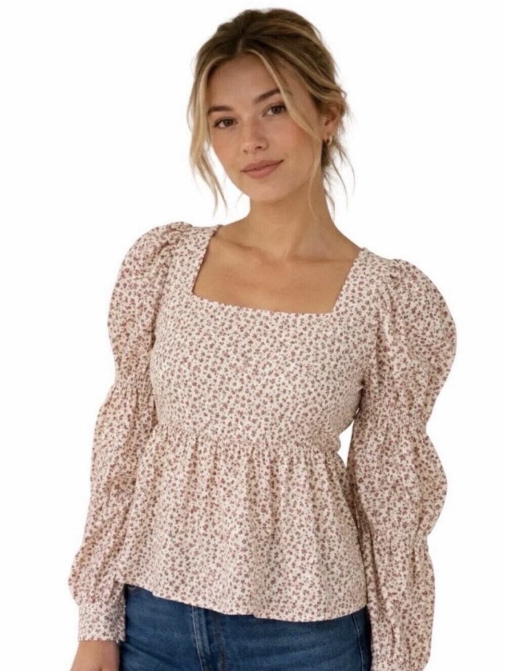 Tuckernuck Hyacinth House Clemens Peplum Floral Blouse L Pink White Cottagecore